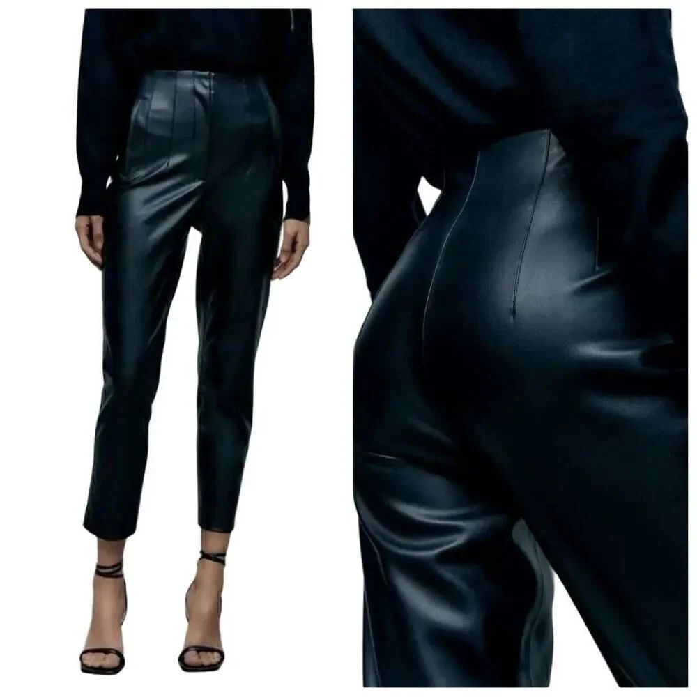 ZARA Black High Rise Faux Leather Trousers Size XS